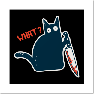 Funny Crazy Halloween Cat with Knife - What a Meow-nster! Posters and Art